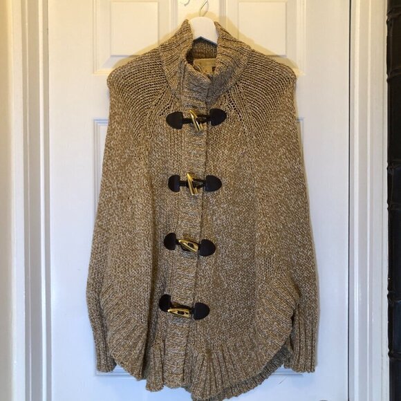 MICHAEL KORS Knit Poncho Cape Sweater Zip Up Cardigan Beige Tan Size S - Picture 2 of 15